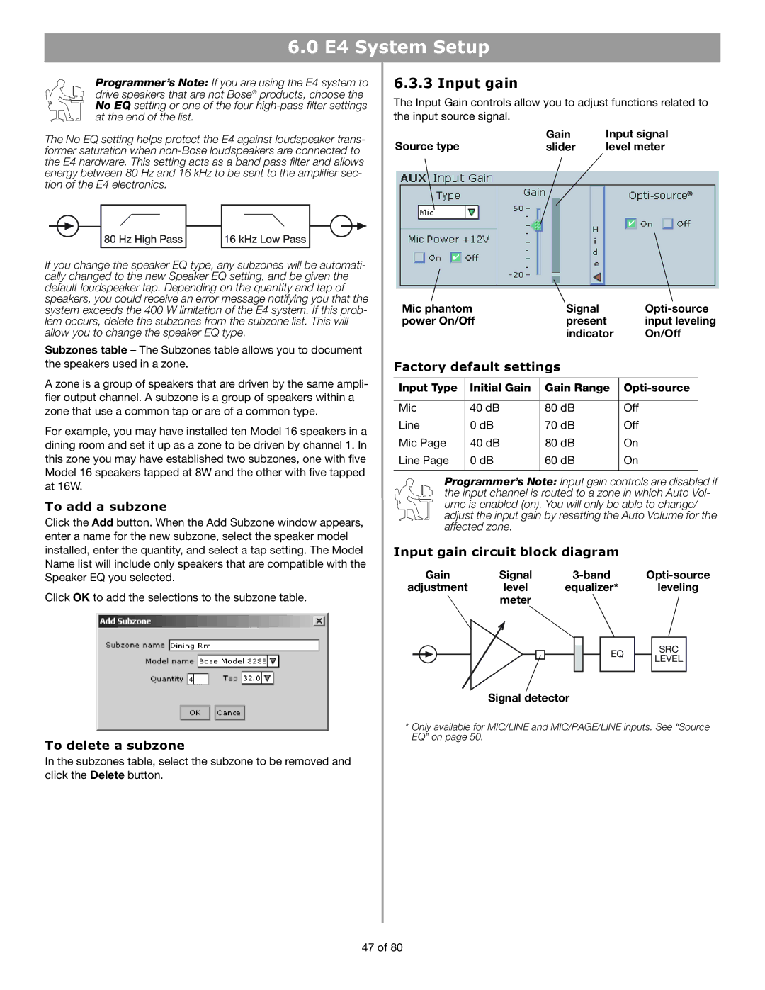 Bose E4 manual To add a subzone, Input gain circuit block diagram, To delete a subzone 