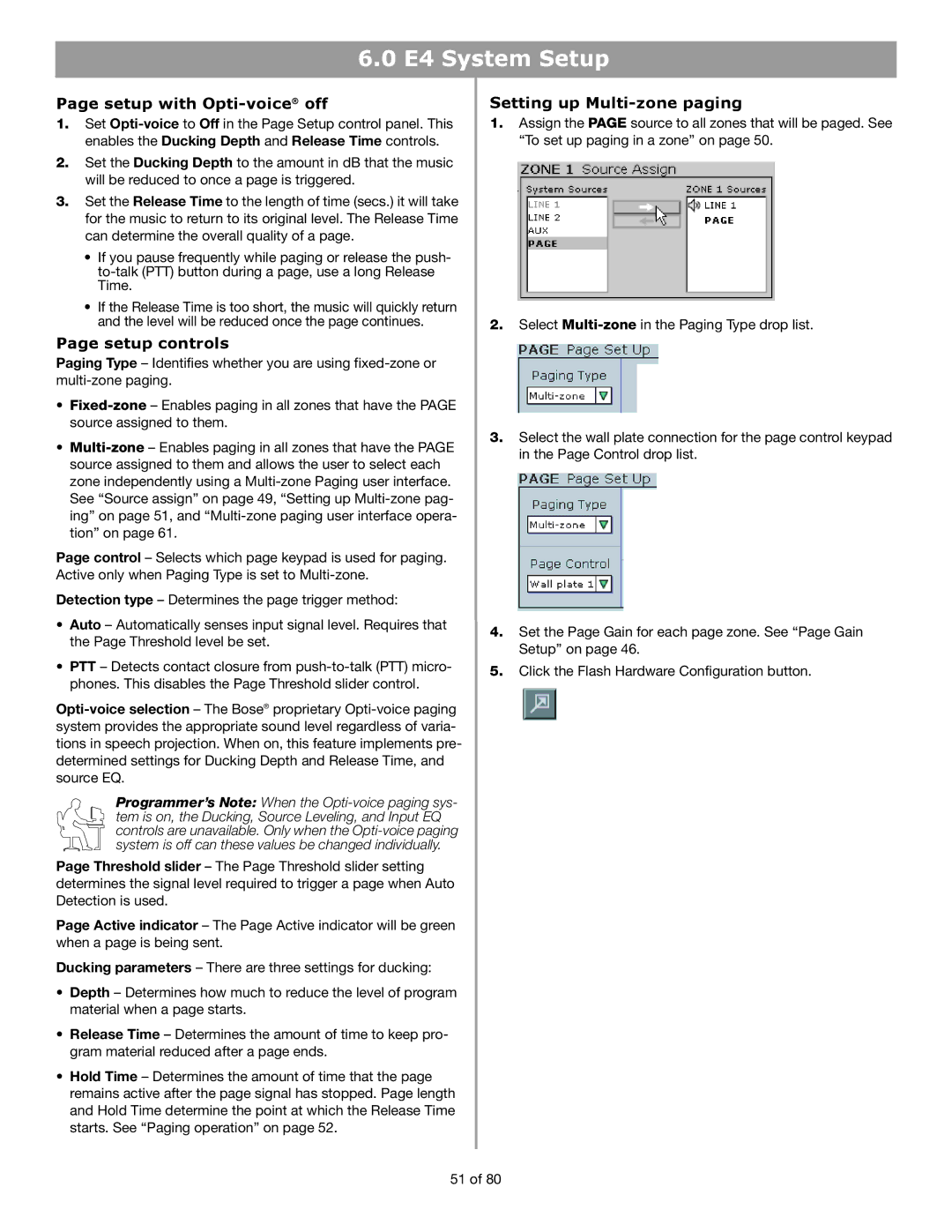 Bose E4 manual Setup with Opti-voiceoff, Setup controls, Setting up Multi-zone paging 