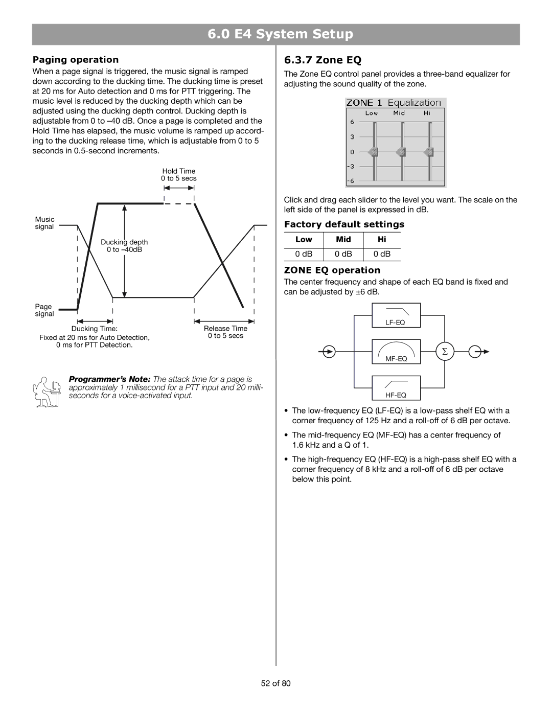 Bose E4 manual Paging operation, Zone EQ operation 