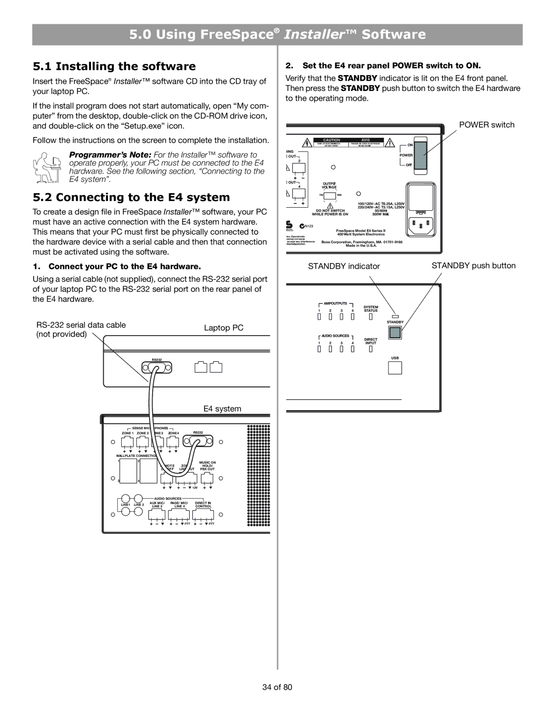 Bose manual Installing the software, Connecting to the E4 system, Connect your PC to the E4 hardware, Power switch 