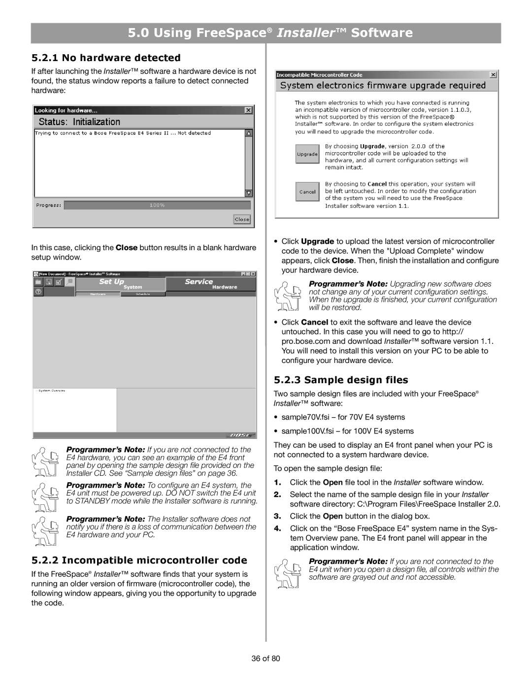 Bose E4 manual No hardware detected, Incompatible microcontroller code, Sample design files 