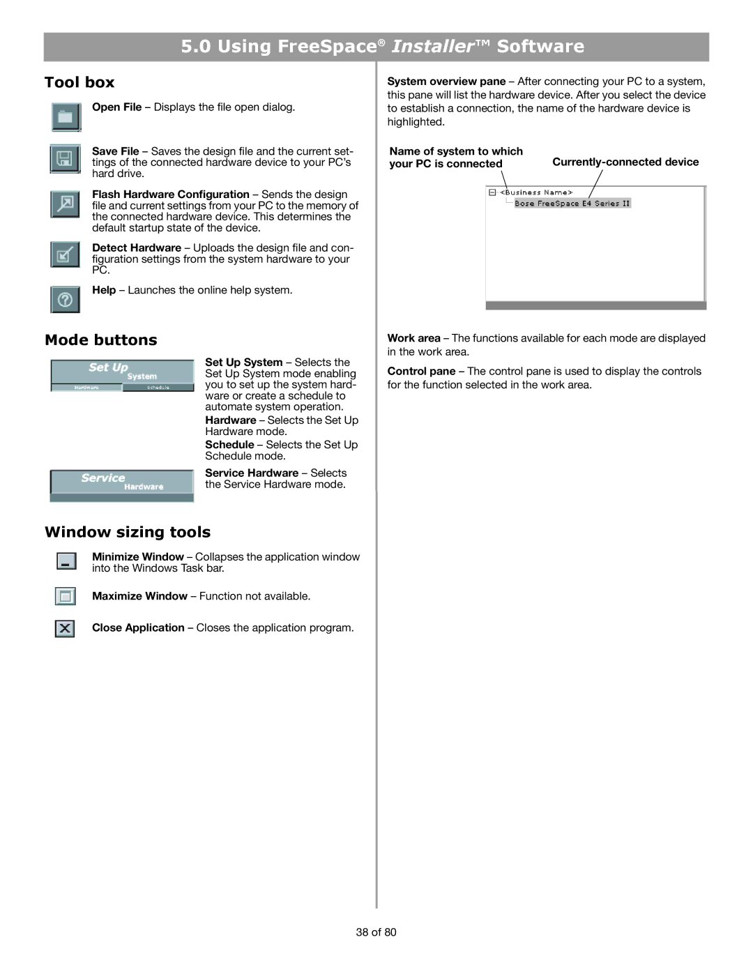 Bose E4 manual Tool box, Mode buttons, Window sizing tools, Service Hardware Selects the Service Hardware mode 