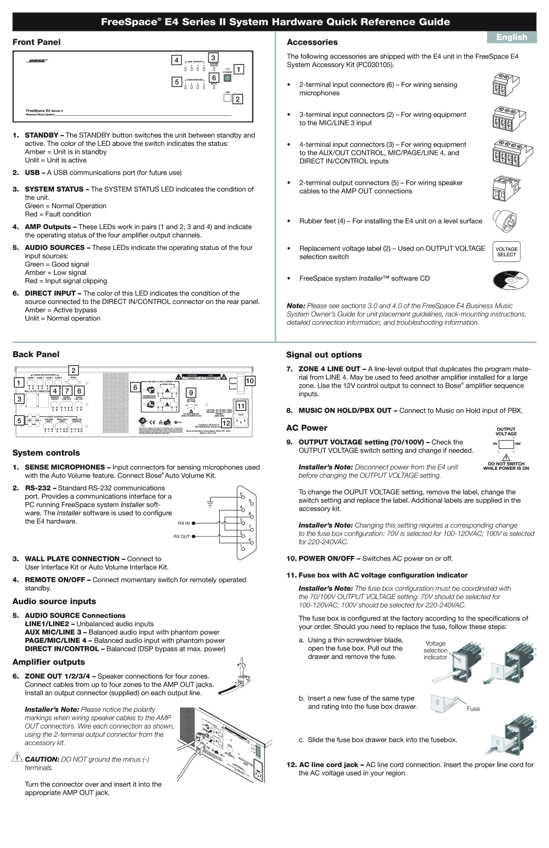 Bose E4 quick start Front Panel Accessories, Back Panel, Signal out options, AC Power, System controls, Audio source inputs 