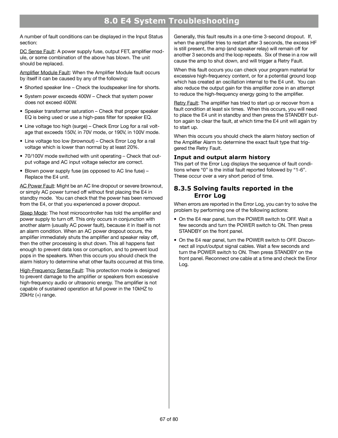 Bose E4 manual Solving faults reported in the Error Log, Input and output alarm history 