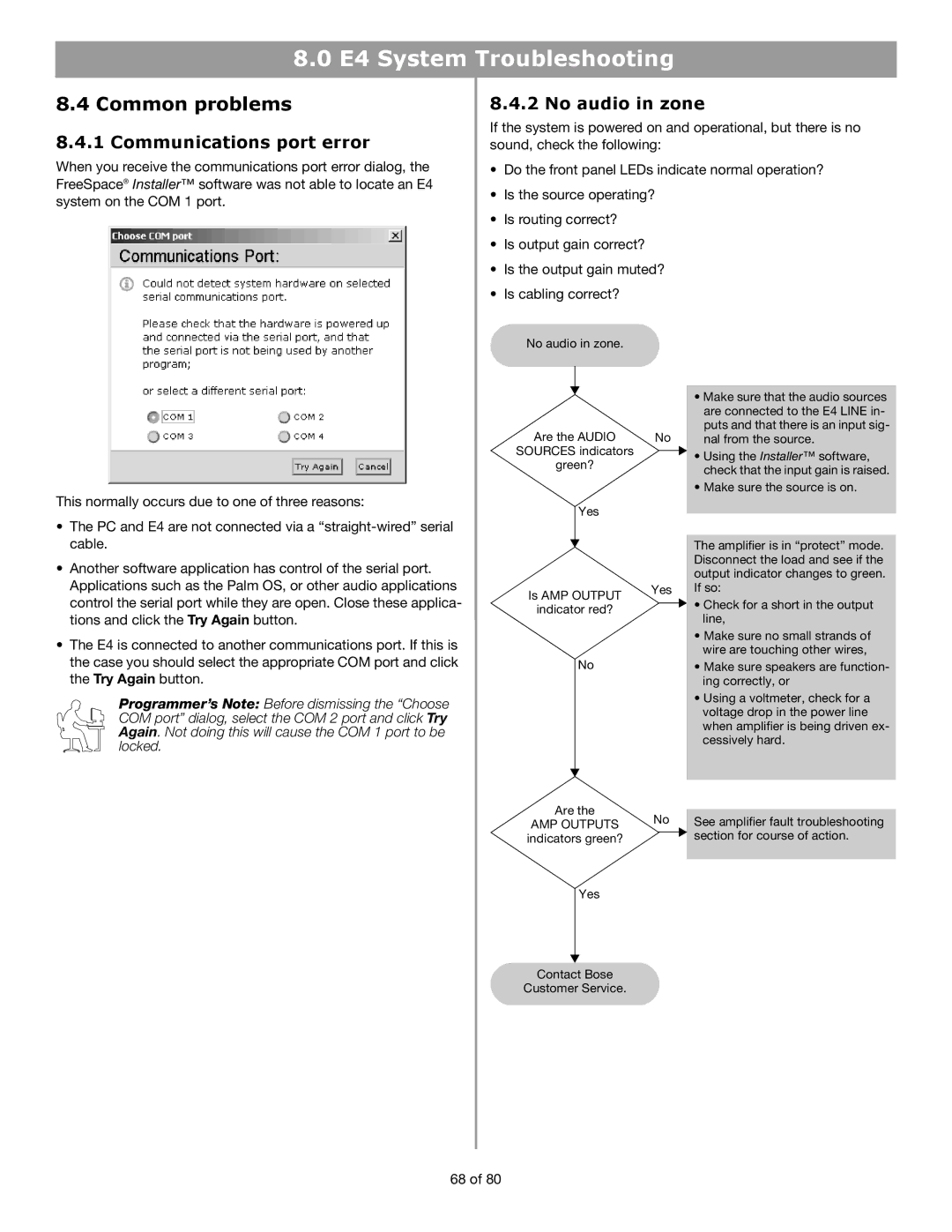 Bose E4 manual Common problems, Communications port error, No audio in zone 