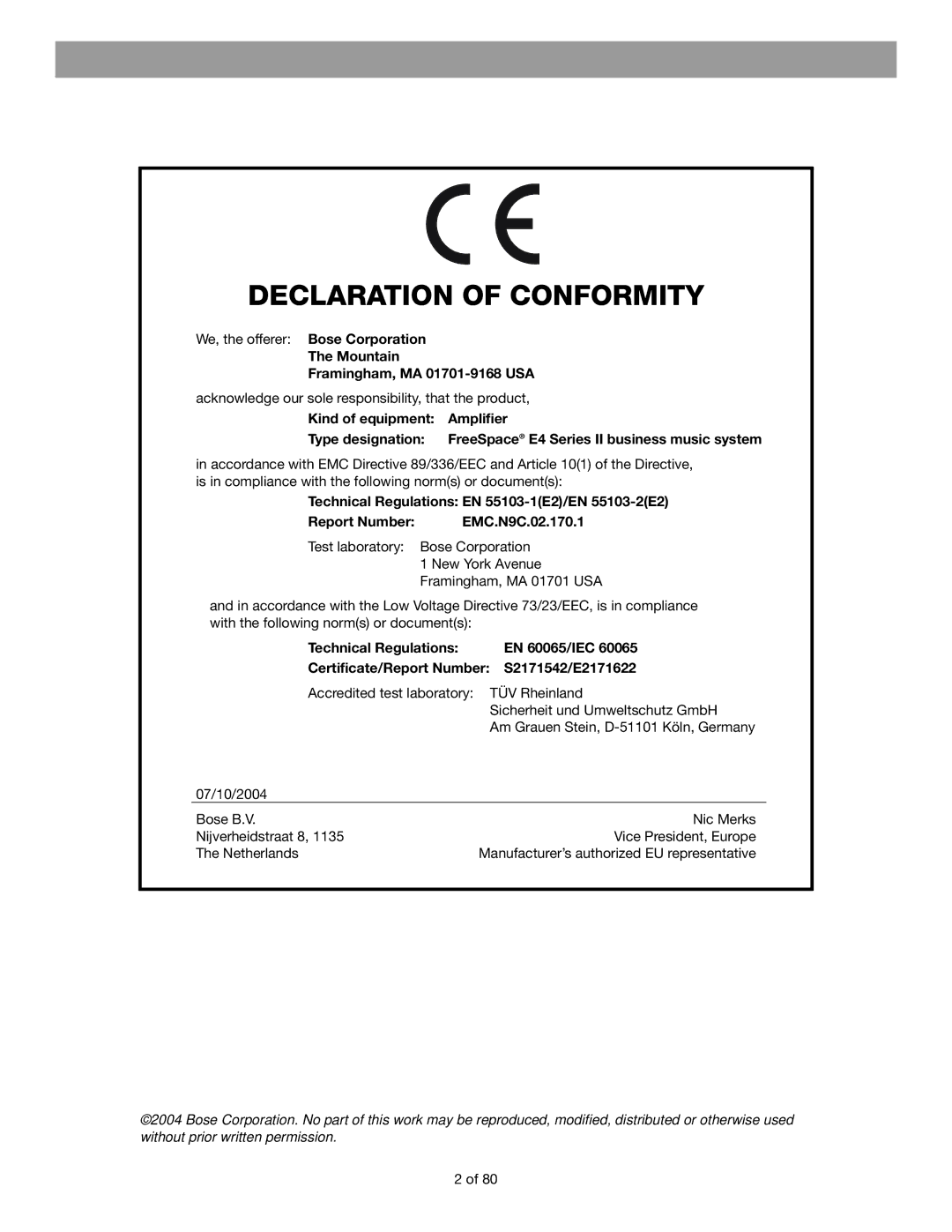 Bose E4 manual Declaration of Conformity 