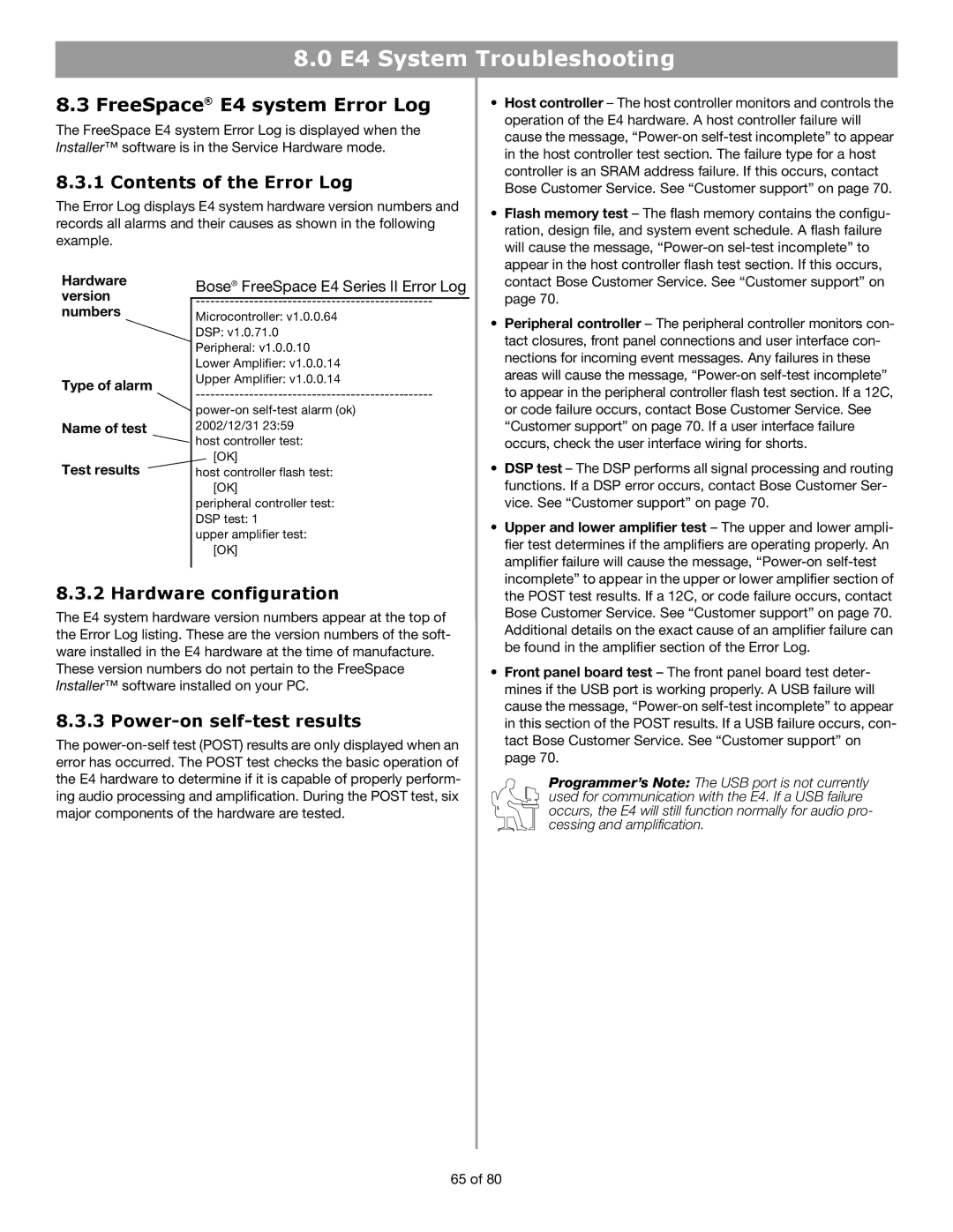 Bose manual FreeSpace E4 system Error Log, Contents of the Error Log, Hardware configuration, Power-on self-test results 