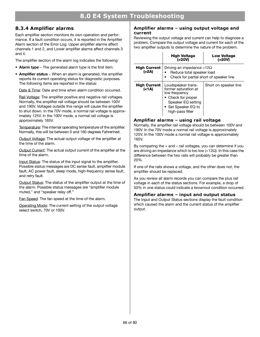 Bose E4 manual Amplifier alarms using output voltage and current 