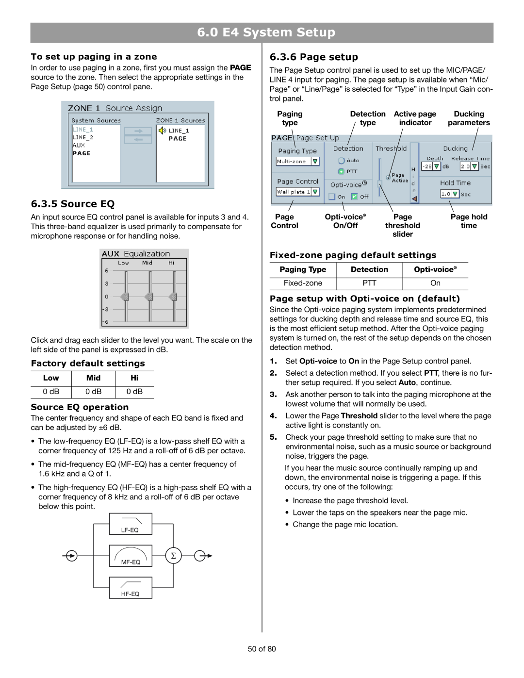 Bose E4 manual Page setup, To set up paging in a zone, Source EQ operation, Fixed-zonepaging default settings 