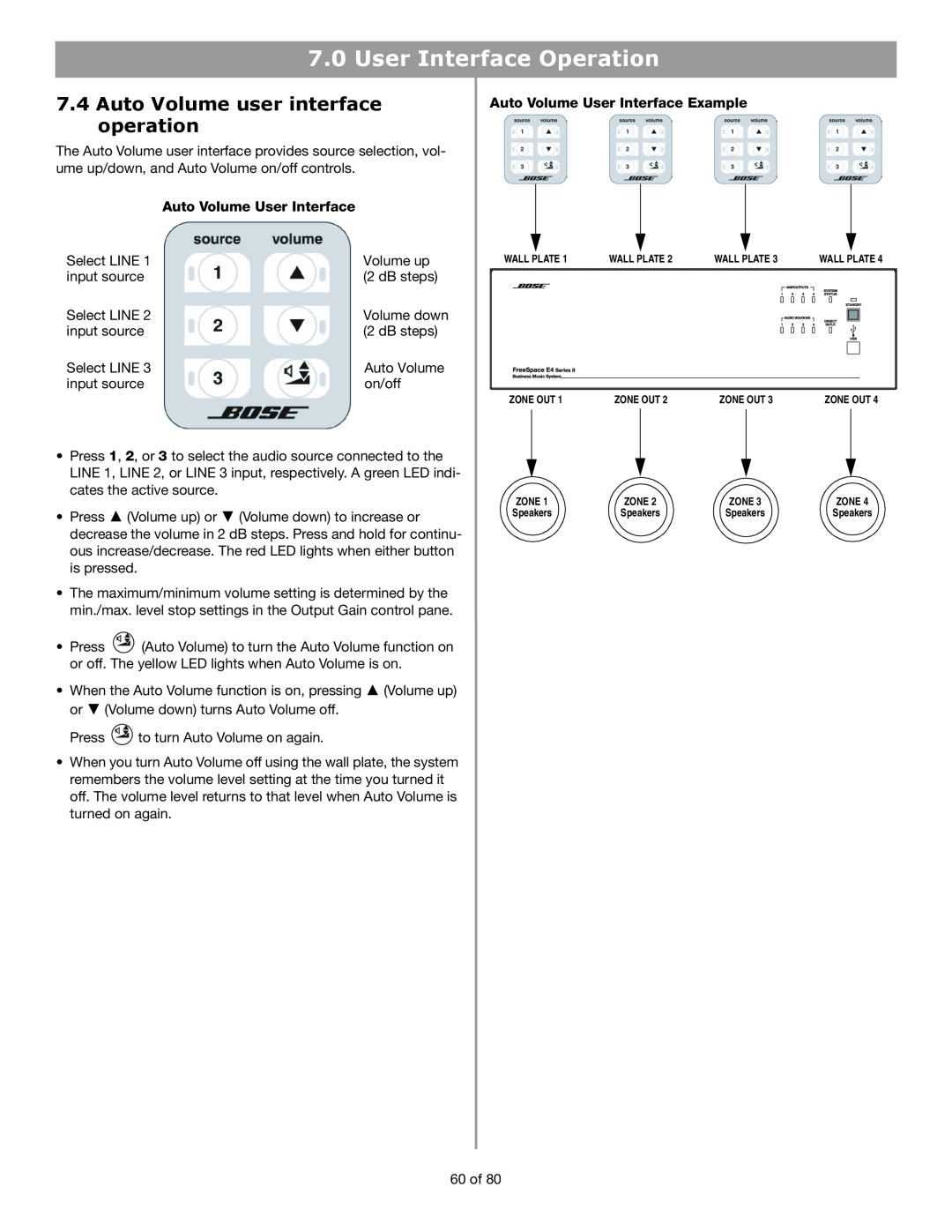 Bose E4 manual 7.4Auto Volume user interface operation, User Interface Operation, Auto Volume User Interface 