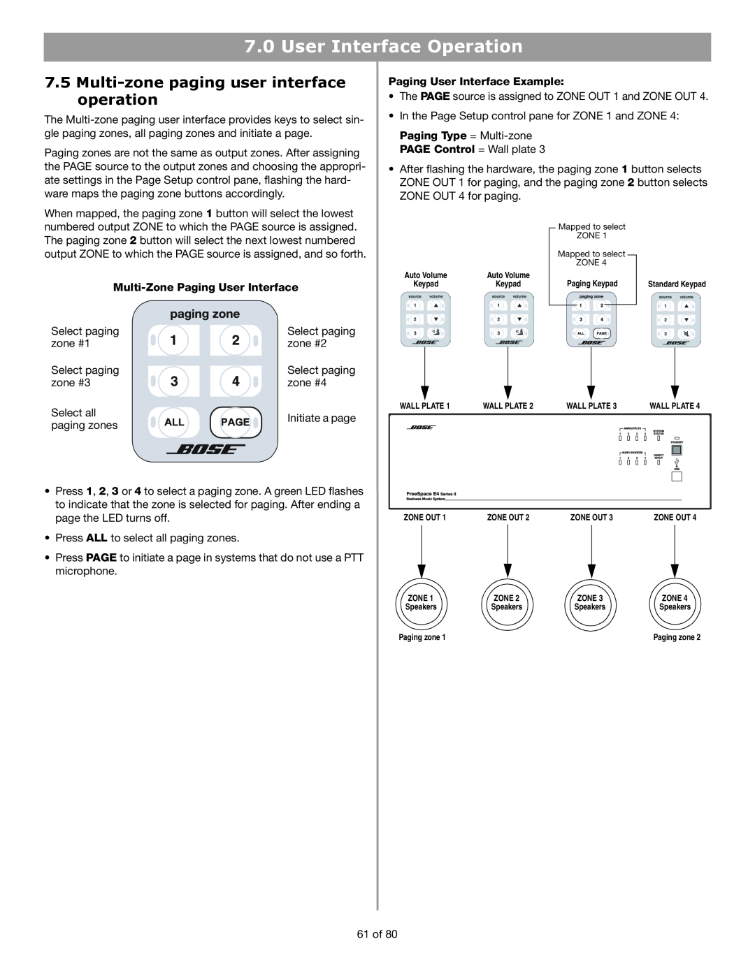 Bose E4 manual 7.5Multi-zonepaging user interface operation, User Interface Operation, Multi-ZonePaging User Interface 