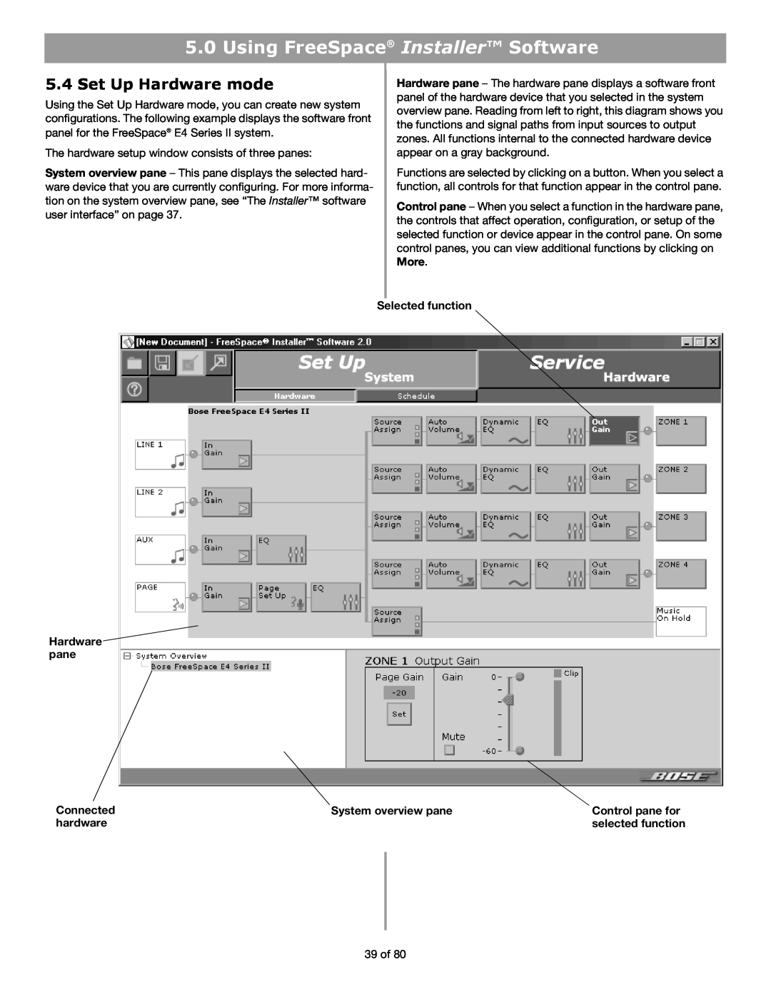 Bose E4 Set Up Hardware mode, Using FreeSpace Installer Software, Hardware pane, Selected function, Connected, hardware 