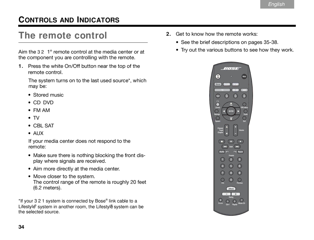 Bose GSX Series III manual Remote control, Cddvd Fmam Cblsat AUX 