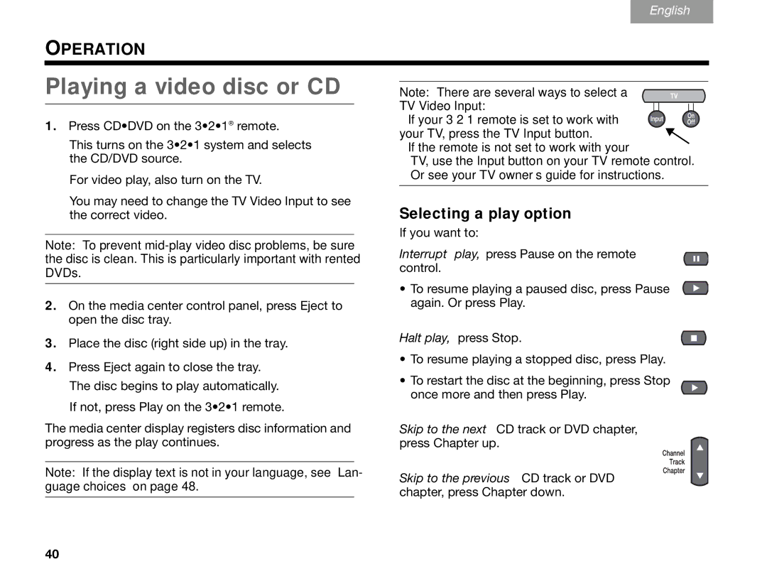 Bose GSX Series III manual Playing a video disc or CD, Selecting a play option 