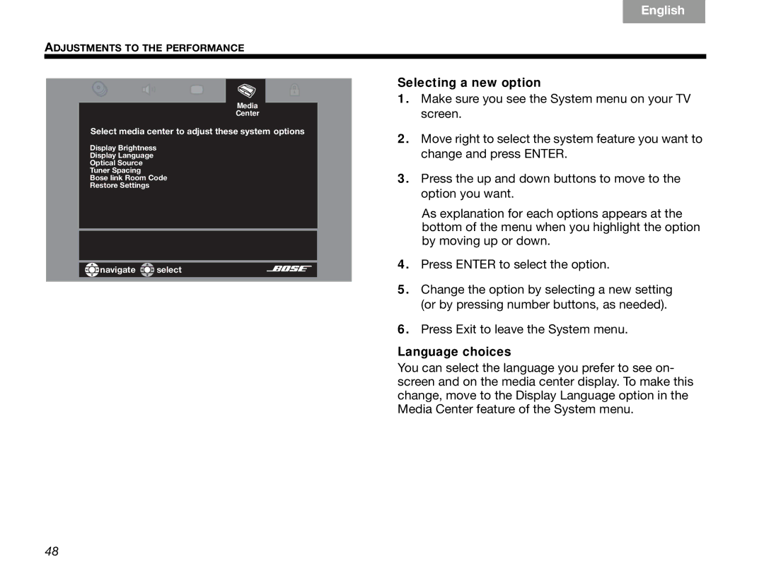 Bose GSX Series III manual Selecting a new option 