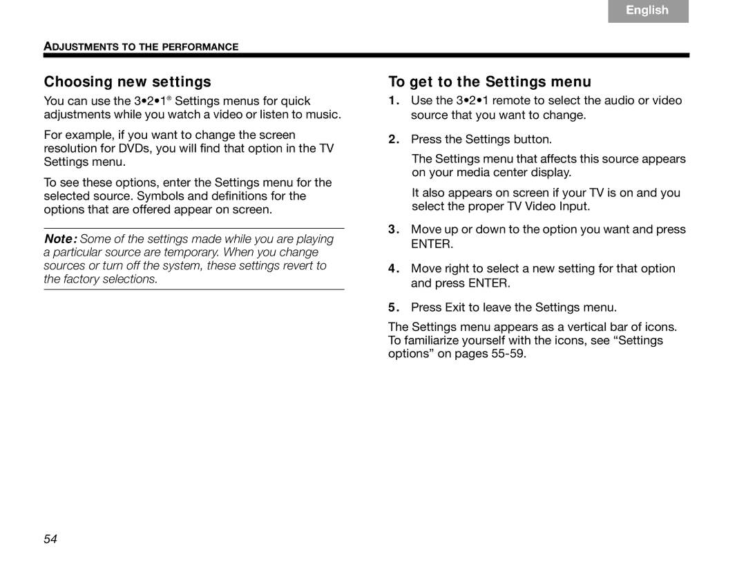 Bose GSX Series III manual Choosing new settings, To get to the Settings menu 