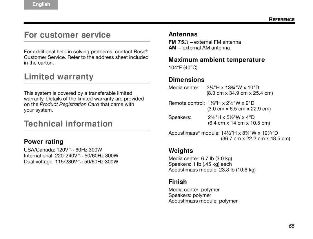 Bose GSX Series III manual Antennas, Maximum ambient temperature, Power rating, Dimensions, Weights, Finish 