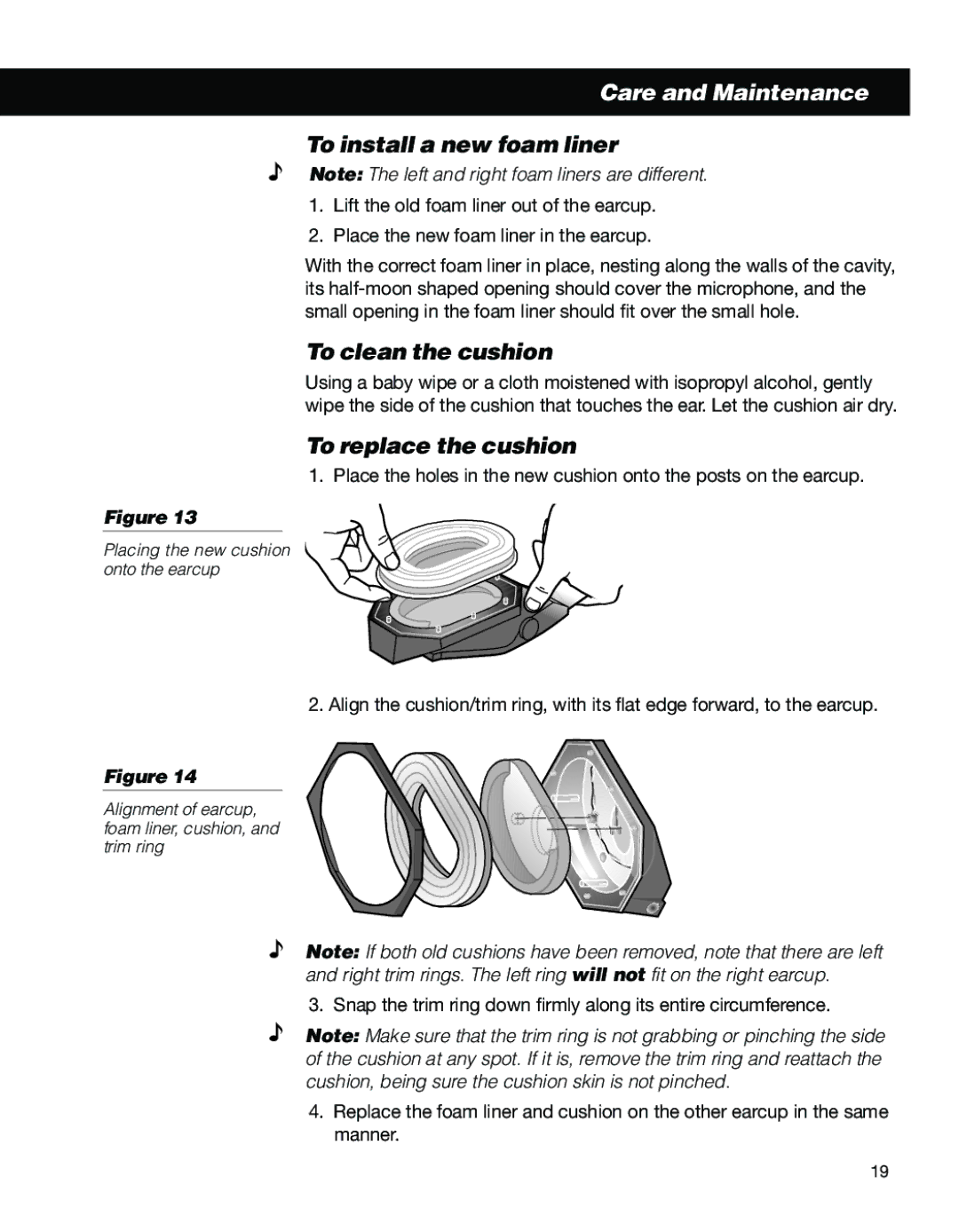 Bose II manual To install a new foam liner, To clean the cushion, To replace the cushion 