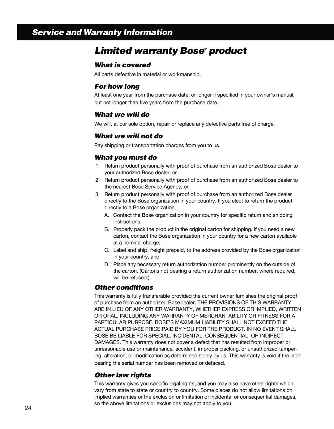 Bose II manual Limited warranty Bose product 