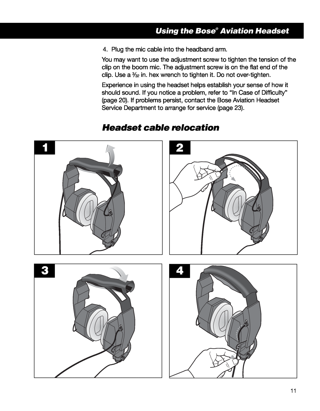 Bose II manual Headset cable relocation, Using the Bose Aviation Headset 