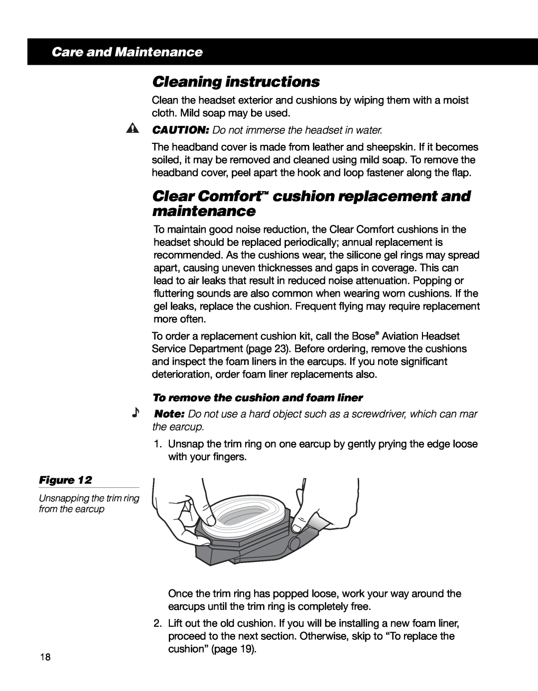 Bose II manual Cleaning instructions, Care and Maintenance, CAUTION Do not immerse the headset in water 