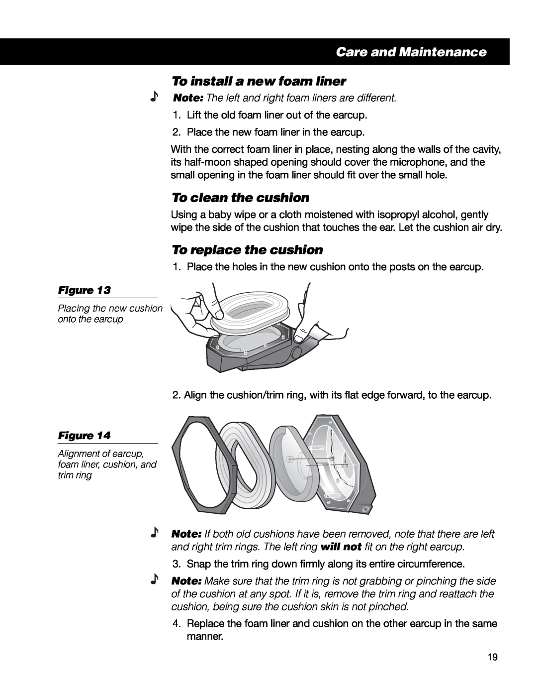 Bose II manual To install a new foam liner, To clean the cushion, To replace the cushion, Care and Maintenance 