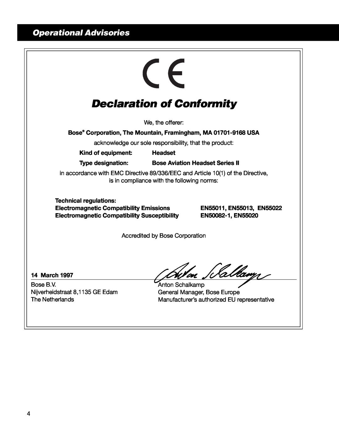 Bose II manual Declaration of Conformity, Operational Advisories 