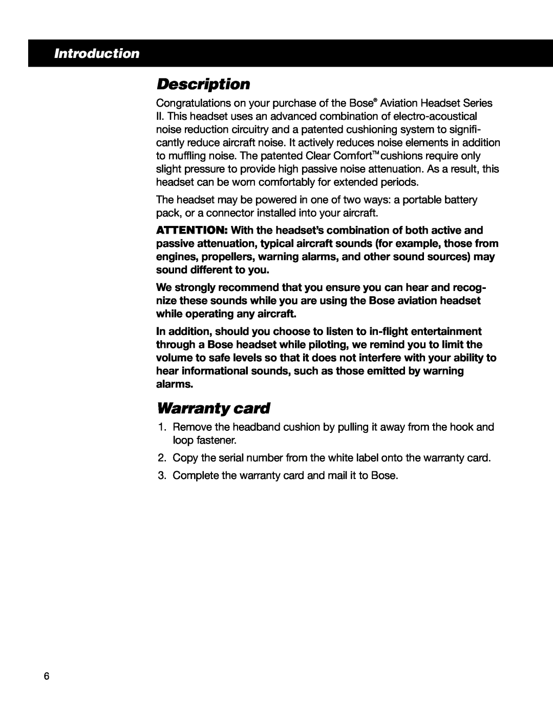 Bose II manual Description, Warranty card, Introduction 
