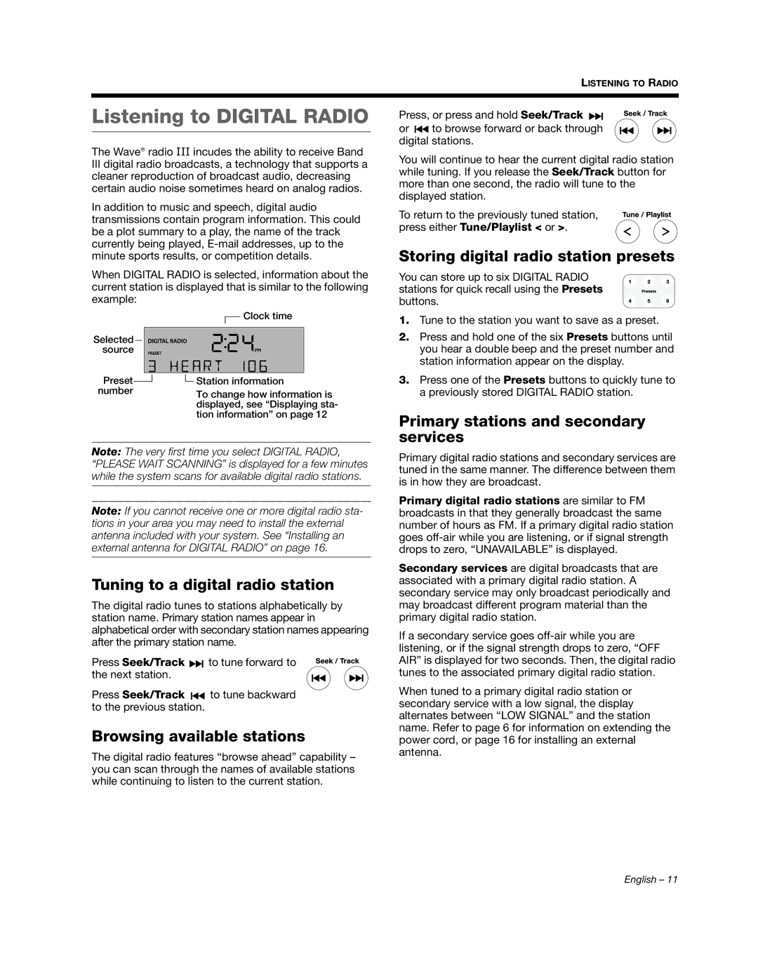 Bose III manual Listening to Digital Radio, Tuning to a digital radio station, Browsing available stations 