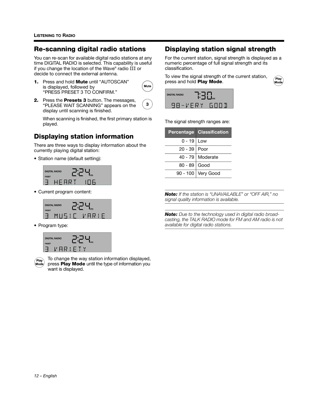 Bose III manual Re-scanning digital radio stations, Displaying station information, Displaying station signal strength 