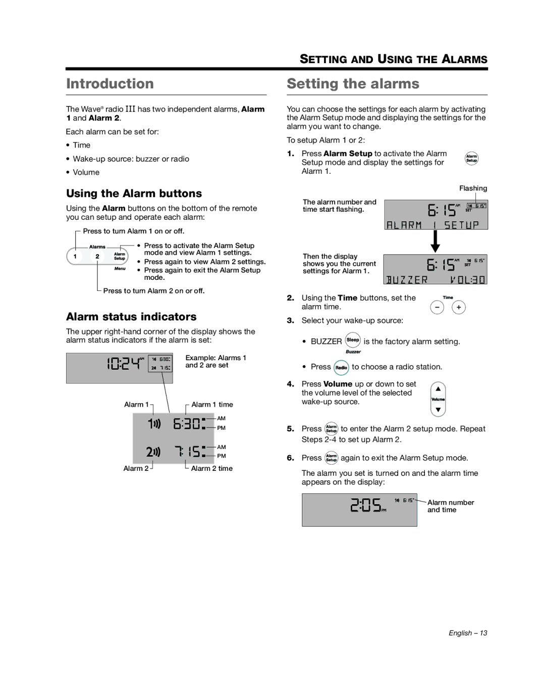 Bose III manual Setting the alarms, Using the Alarm buttons, Alarm status indicators 