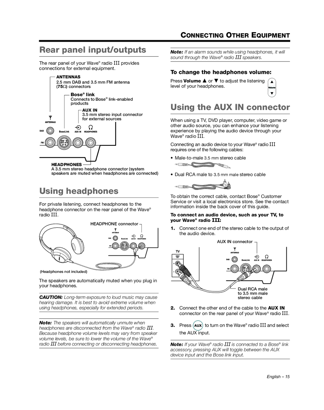 Bose III manual Rear panel input/outputs, Using the AUX in connector, Using headphones, Bose link 