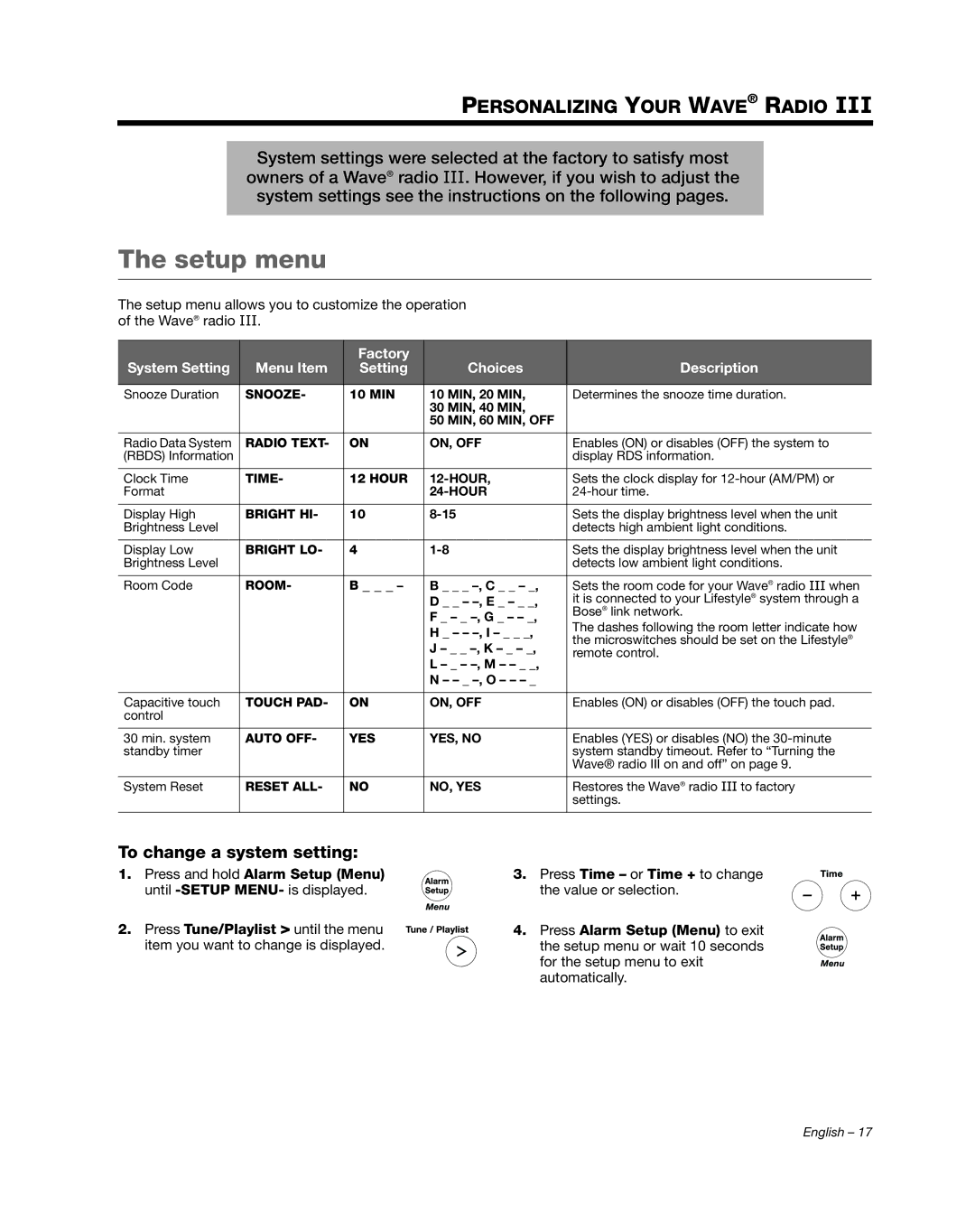 Bose III manual Setup menu, Personalizing Your Wave Radio 