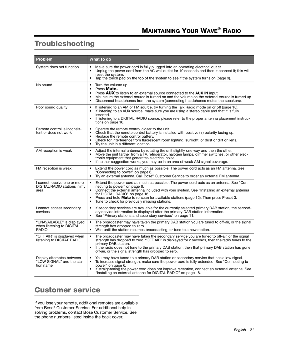 Bose III manual Troubleshooting, Customer service 