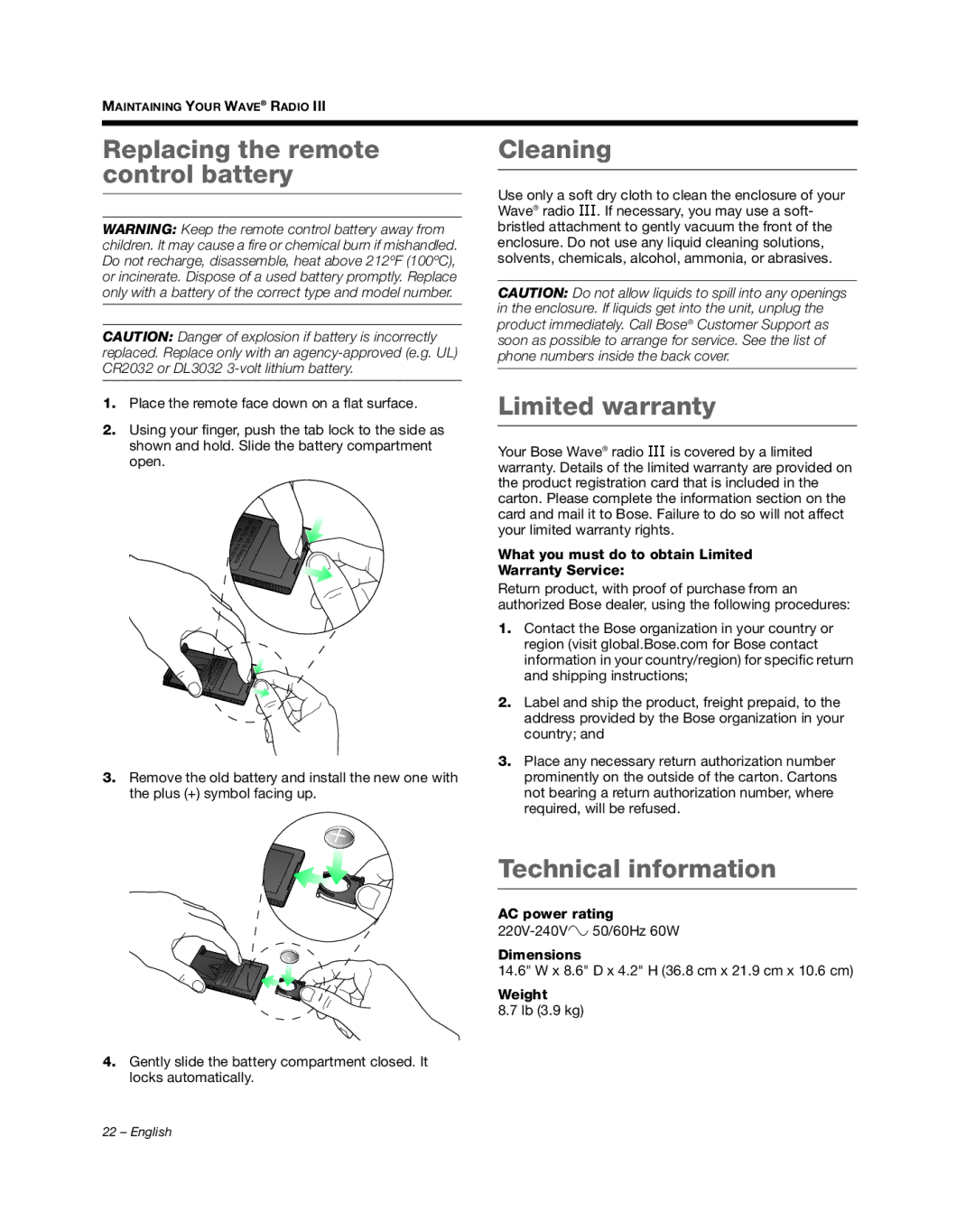 Bose III manual Replacing the remote control battery, Cleaning, Limited warranty, Technical information 