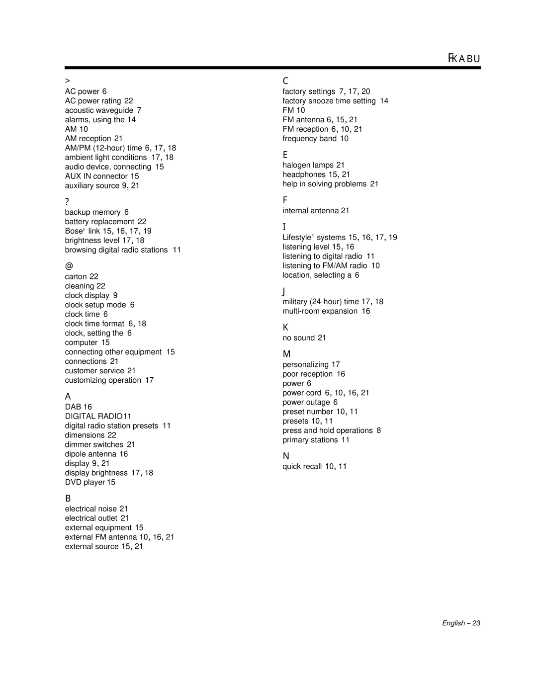 Bose III manual Index 