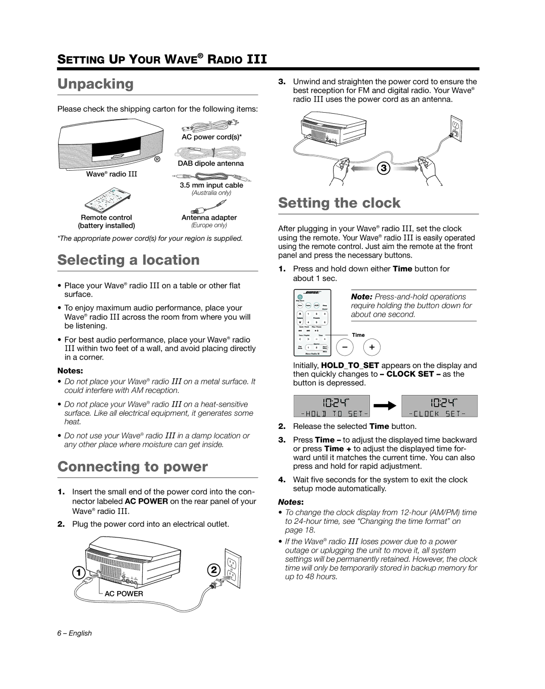 Bose III manual Unpacking, Selecting a location, Connecting to power, Setting the clock 