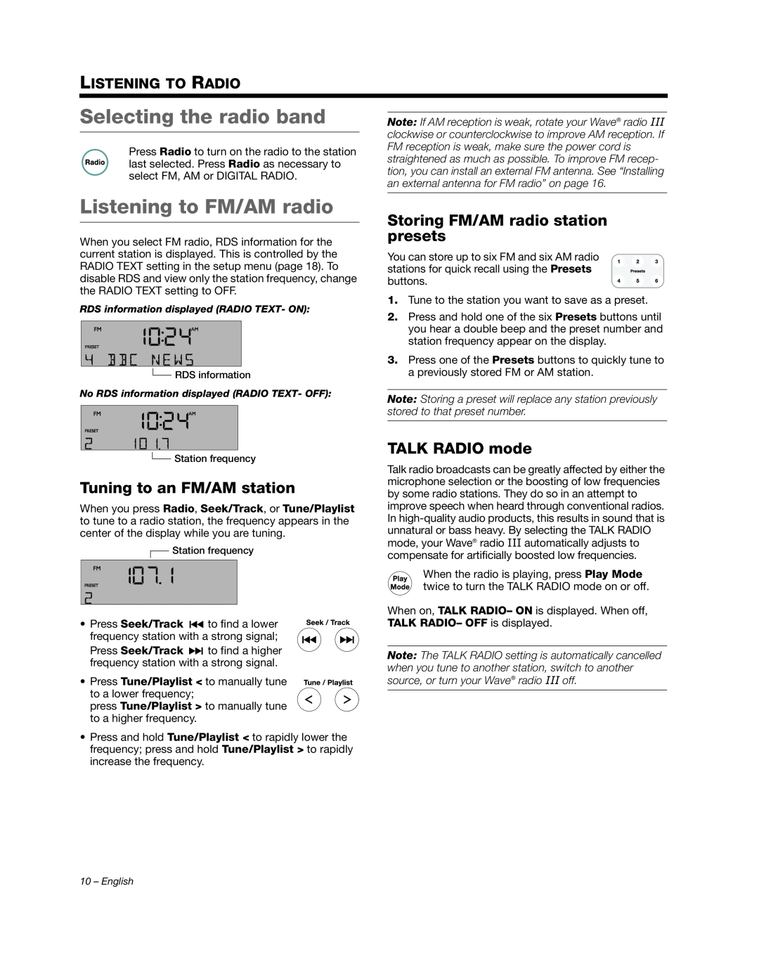 Bose III manual Selecting the radio band, Listening to FM/AM radio, Tuning to an FM/AM station, TALK RADIO mode 