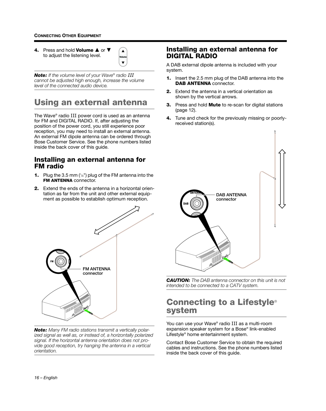Bose III manual Using an external antenna, Connecting to a Lifestyle system, Installing an external antenna for FM radio 