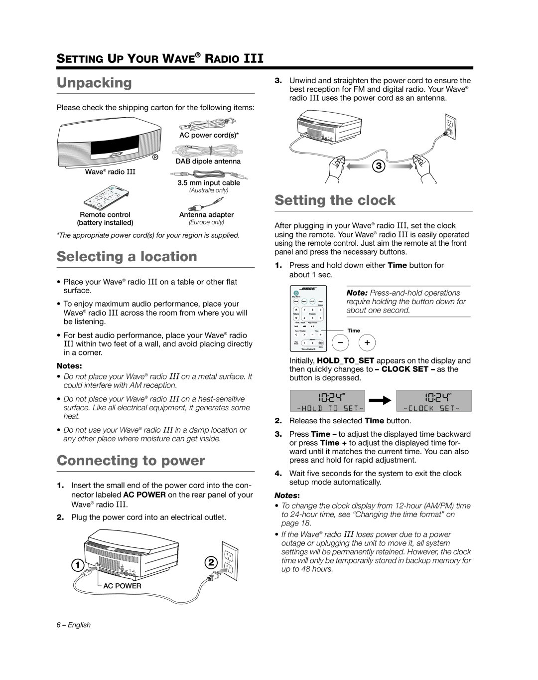 Bose III manual Unpacking, Selecting a location, Connecting to power, Setting the clock, Setting Up Your Wave Radio 