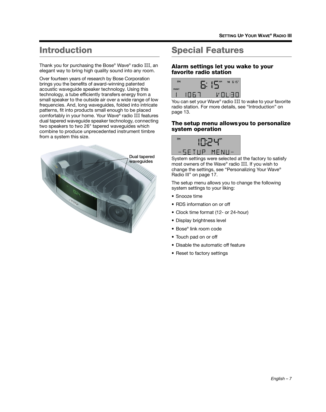 Bose III manual Introduction, Special Features 
