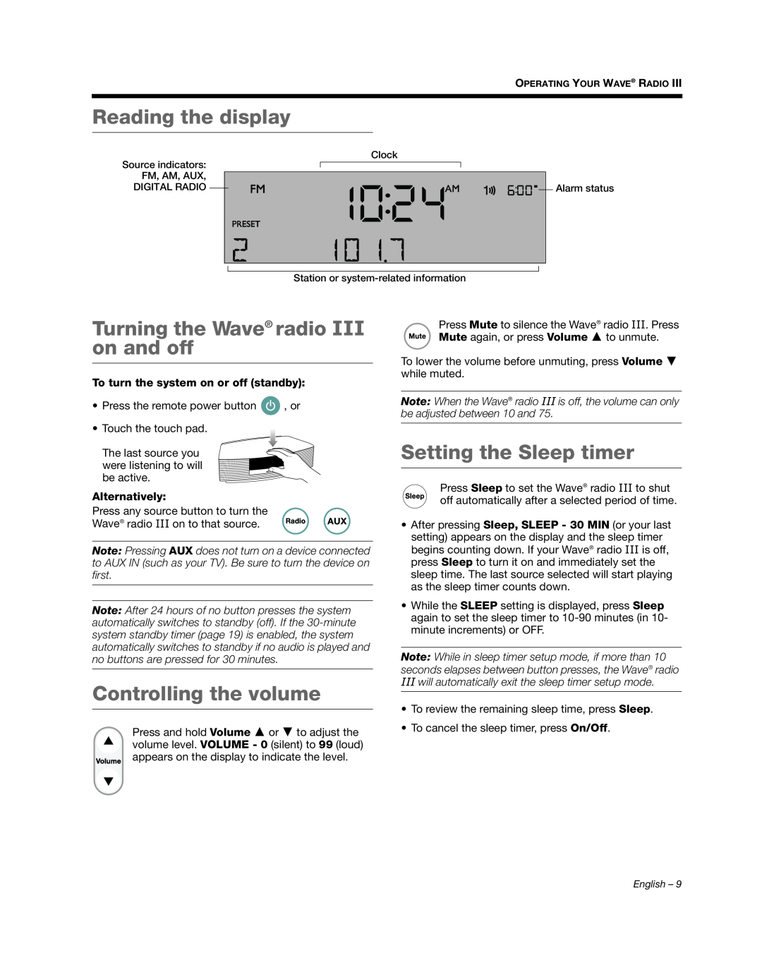Bose manual Reading the display, Turning the Wave radio III on and off, Controlling the volume, Setting the Sleep timer 