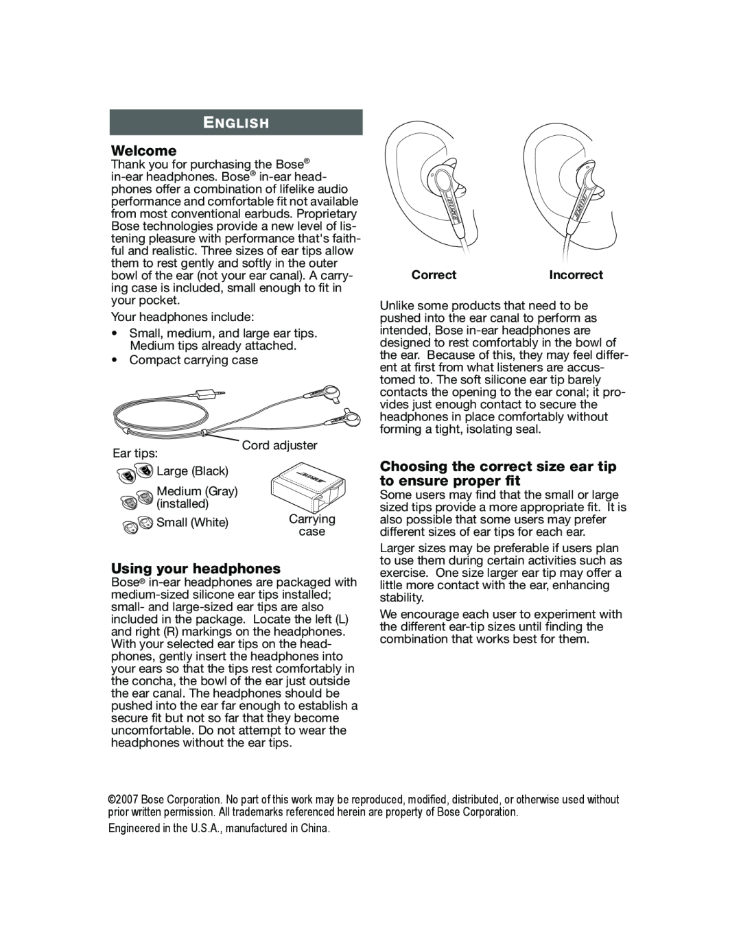 Bose in-ear headphone manual Welcome, Using your headphones, English, CorrectIncorrect 