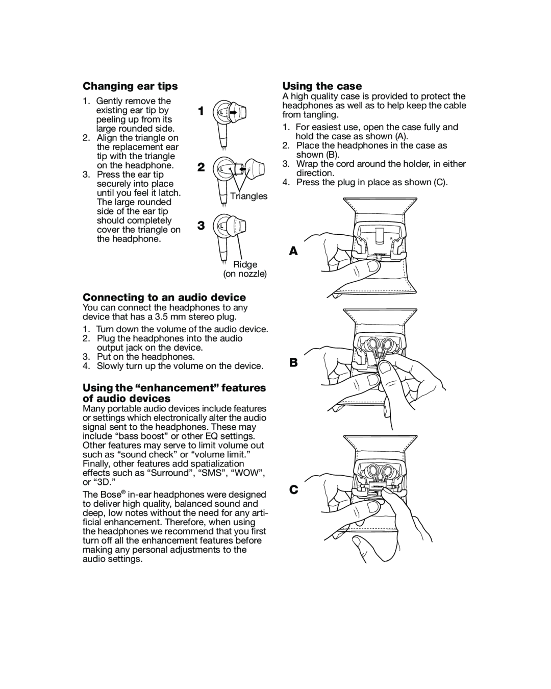 Bose in-ear headphone manual Changing ear tips, Using the case, Connecting to an audio device 