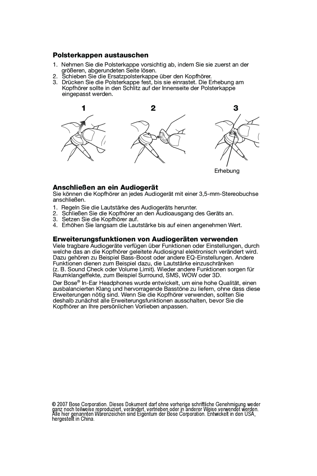 Bose In-Ear Headphones manual Polsterkappen austauschen, Anschließen an ein Audiogerät 