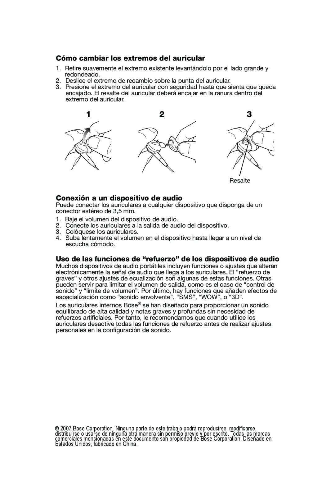 Bose In-Ear Headphones manual Cómo cambiar los extremos del auricular, Conexión a un dispositivo de audio 