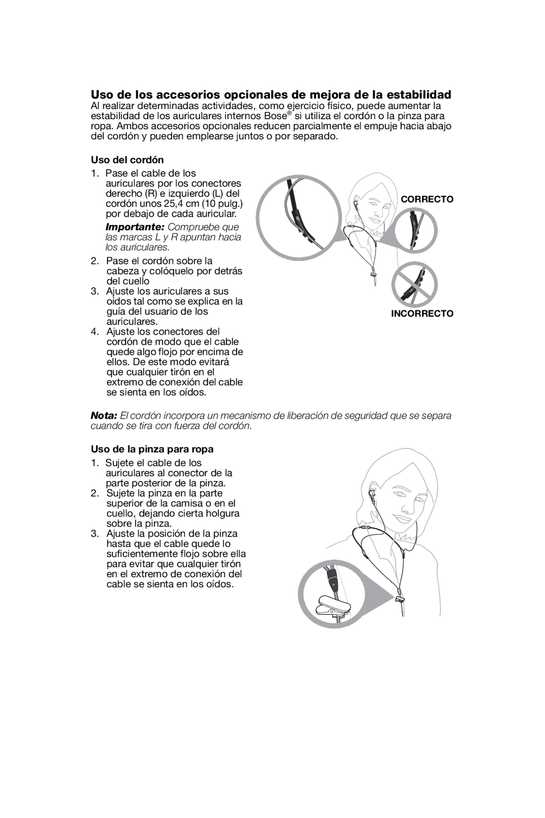 Bose In-Ear Headphones manual Uso del cordón, Uso de la pinza para ropa 