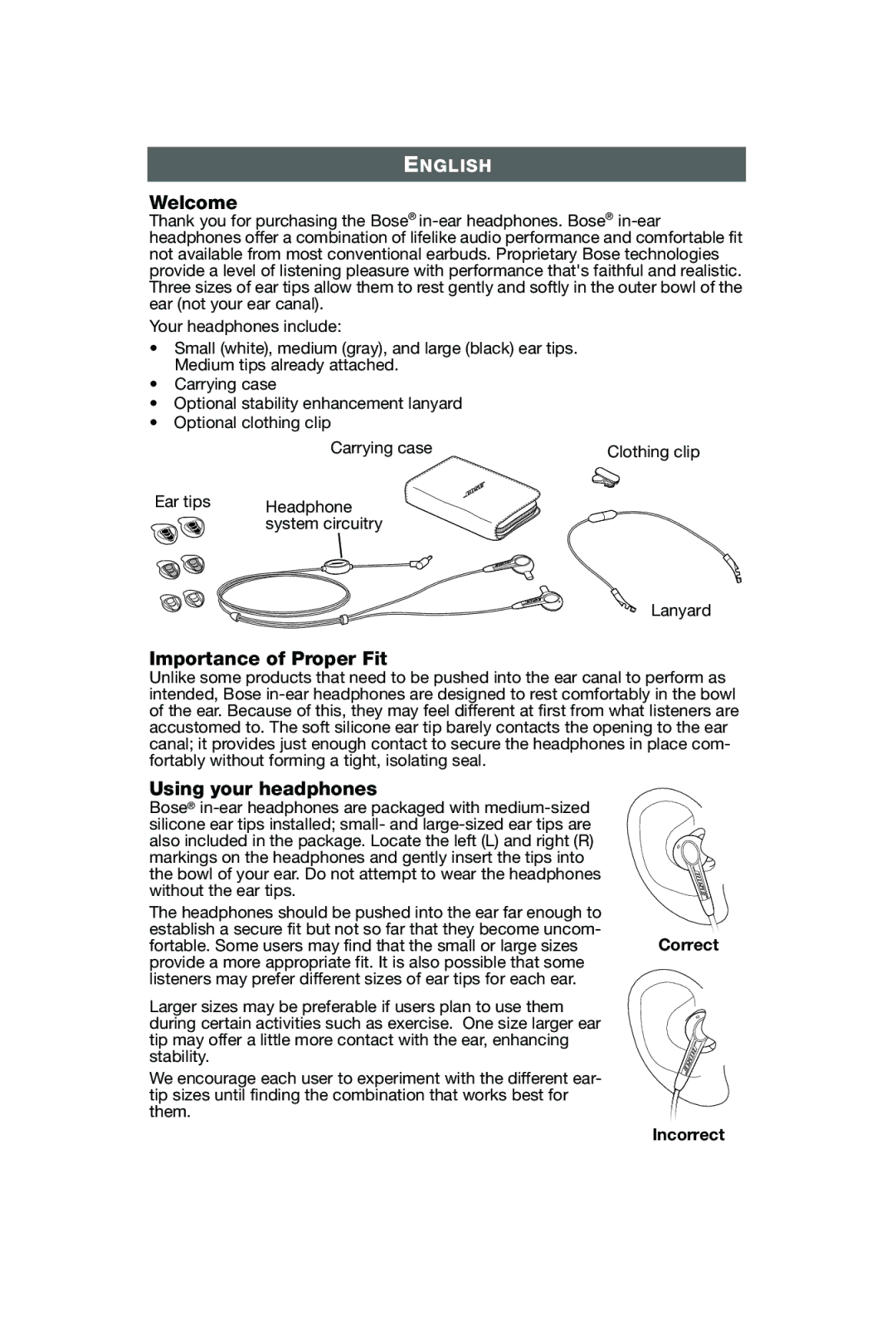 Bose In-Ear Headphones manual Welcome, Importance of Proper Fit, Using your headphones, Incorrect 