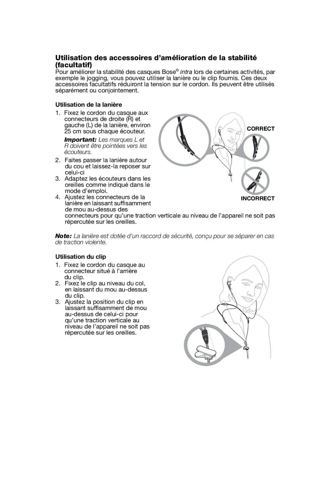 Bose In-Ear Headphones manual Utilisation de la lanière, Utilisation du clip 