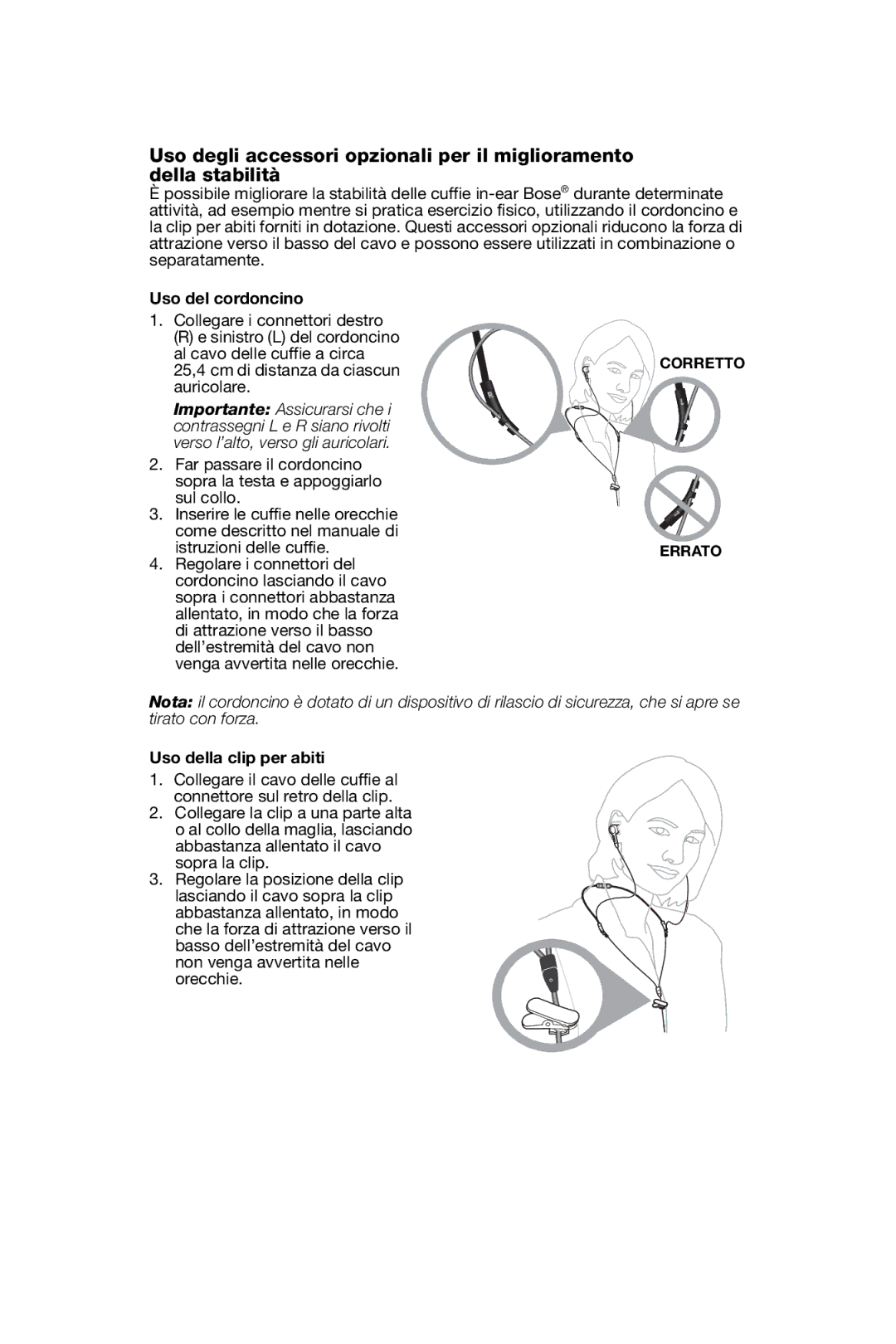 Bose In-Ear Headphones manual Uso del cordoncino, Uso della clip per abiti 